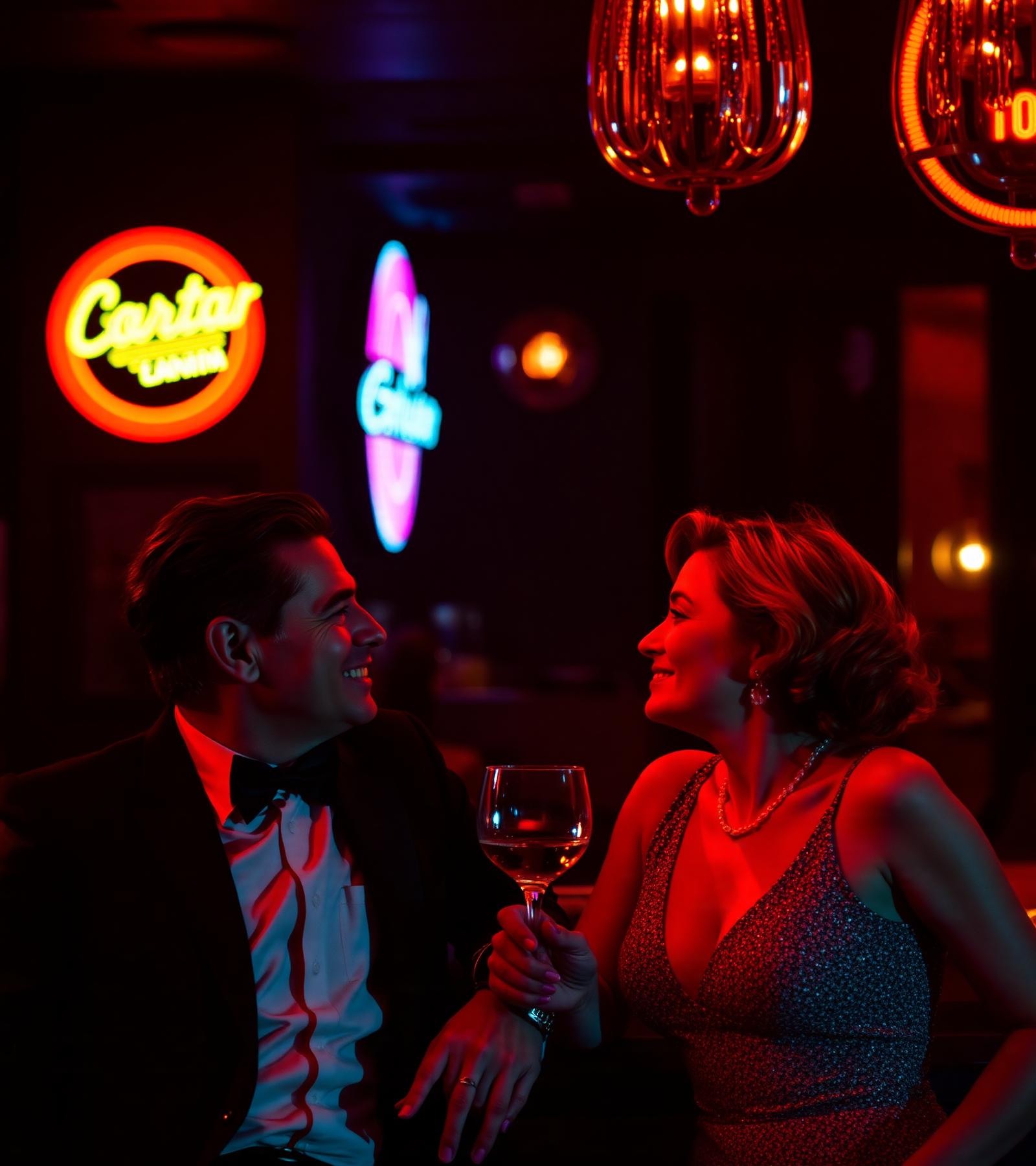 Two elegant adults sharing a quiet moment at an upscale bar